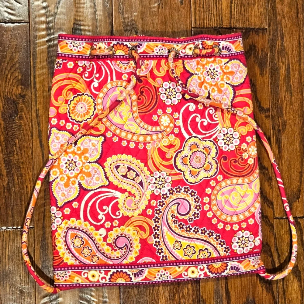 Vera Bradley Drawstring Backpack Cinch Tote Raspberry Fizz Pink Red Paisley 2008